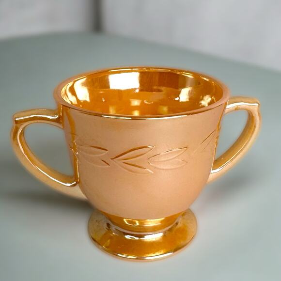 Fire King Peach Lustre Sugar Bowl & Creamer Leaf Set Anchor Hocking Vintage - Picture 8 of 12